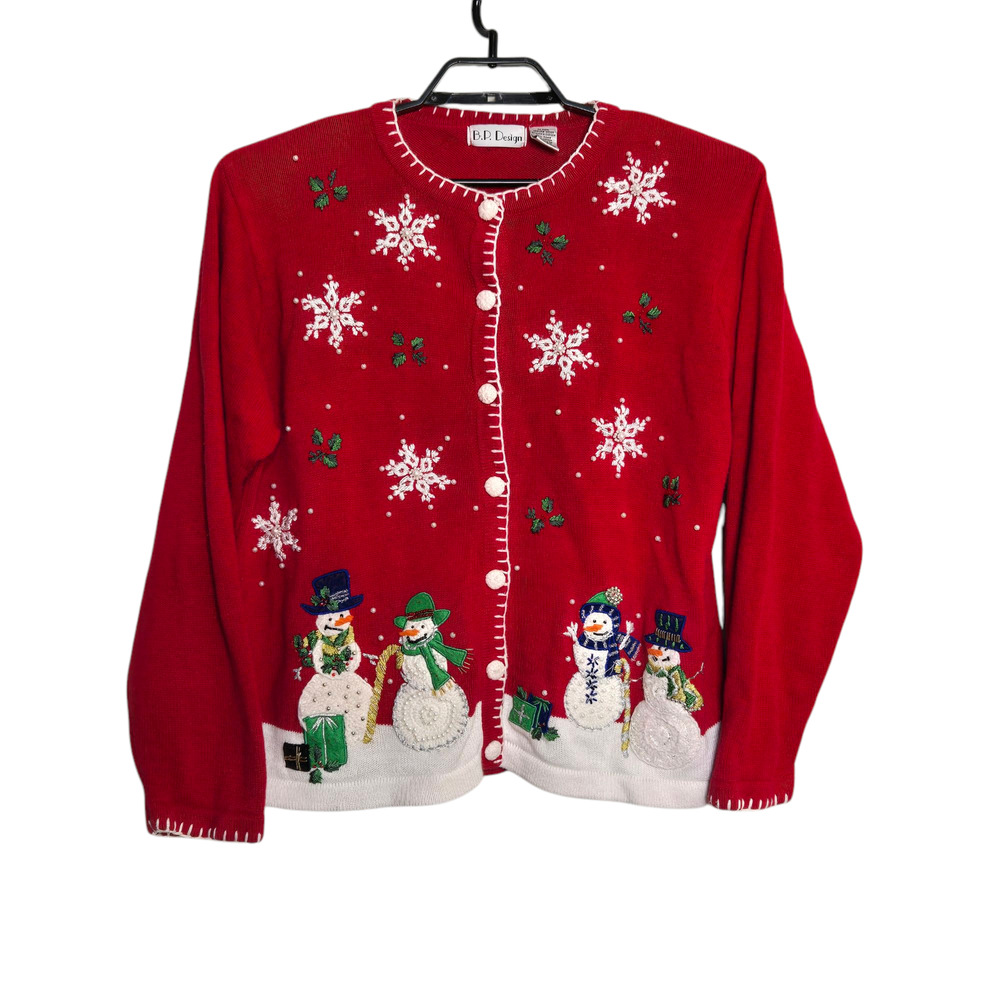 Vintage B.P. Designs Cardigan Size XL Winter Christmas Snowman Red Embroidered